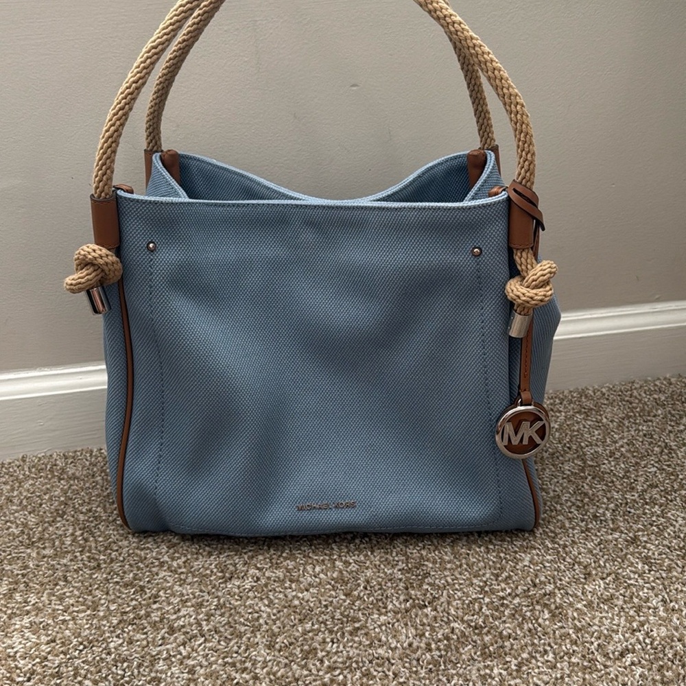Michael Kors Blue and Brown Shoulder Bag with Leather Straps